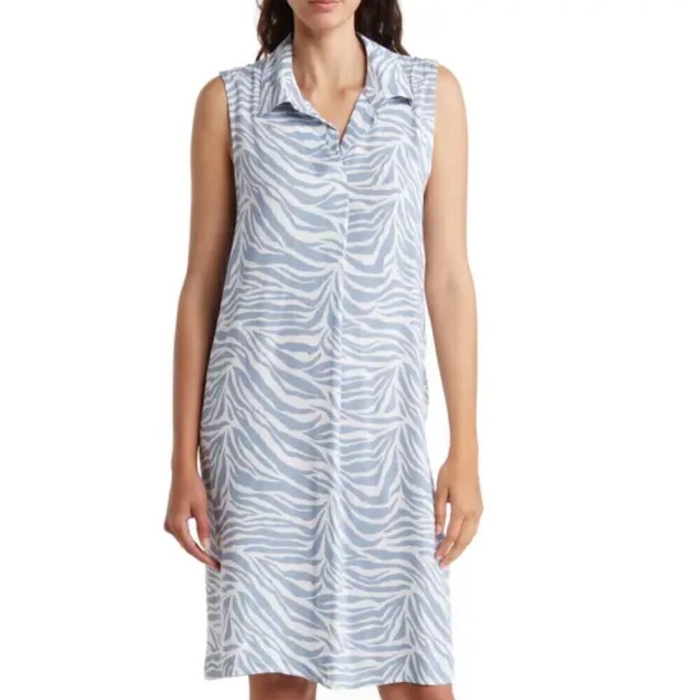 Casa Cabana White Blue Zebra Print Sleeveless Print Collared Shift Dress